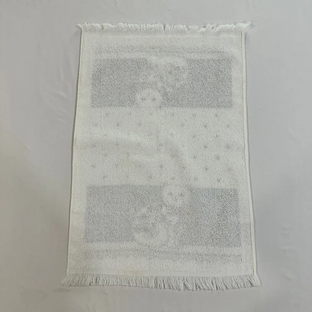 Vintage White Cat Floral Rose Hand Towel Fringed Cotton Terry Cloth Blue White